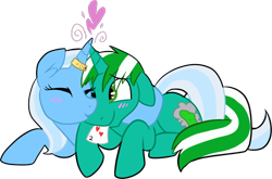 Size: 700x463 | Tagged: safe, artist:deerspit, character:trixie, oc, oc:pickles, blushing, canon x oc, female, heart, horn ring, horns are touching, male, shipping, straight, trikles