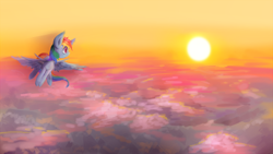 Size: 1024x576 | Tagged: safe, artist:chung-sae, character:rainbow dash, species:pegasus, species:pony, cloud, cloudy, female, flying, looking back, mare, sky, solo, spread wings, sun, sunset, wings