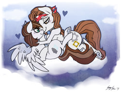 Size: 1200x912 | Tagged: safe, artist:serge-stiles, oc, oc only, oc:spring showers, species:earth pony, species:pegasus, species:pony, bandana, cloud, cloudy, cuddling, female, fixit, looking at each other, male, mare, oc x oc, shipping, smiling, snuggling, stallion, straight, underhoof