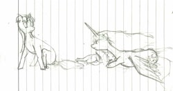 Size: 2011x1061 | Tagged: safe, artist:ponescribbles, character:princess celestia, character:spike, character:twilight sparkle, blank flank, lined paper, momlestia, monochrome, prone, sketch, sleeping, traditional art, windswept mane