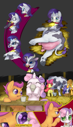 Size: 1800x3131 | Tagged: safe, artist:yutoraru, character:apple bloom, character:applejack, character:rarity, character:scootaloo, character:sweetie belle, species:cow, species:earth pony, species:pegasus, species:pony, species:unicorn, bow, butt, comic, cowbell, cowbelle, cowified, crying, cutie mark crusaders, ear tag, fat, lactation, milk squirt, milking, nose ring, on side, piercing, plot, raricow, species swap, transformation, udder