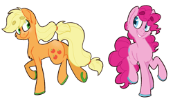 Size: 1280x733 | Tagged: safe, artist:flower-power-love, character:applejack, character:pinkie pie, species:earth pony, species:pony, beanbrows, cutie mark, duo, eyebrows, female, hooves, horseshoes, looking at each other, simple background, smiling, trotting, wingding eyes
