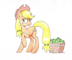 Size: 975x819 | Tagged: safe, artist:philo5, part of a set, character:applejack, species:earth pony, species:pony, applejack is not amused, envy, female, glare, jealous, mare, ponytail, raised hoof, simple background, sin of envy, solo, traditional art, unamused