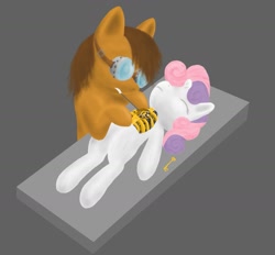 Size: 1737x1611 | Tagged: safe, artist:the-laughing-horror, character:sweetie belle, oc, species:pony, species:unicorn, sweetie bot, eyes closed, female, filly, foal, goggles, hooves, horn, key, lying down, maintenance, male, repairing, robot, stallion, teeth