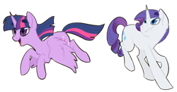 Size: 1280x671 | Tagged: safe, artist:flower-power-love, character:rarity, character:twilight sparkle, character:twilight sparkle (alicorn), species:alicorn, species:pony, species:unicorn, beanbrows, cutie mark, duo, eyebrows, female, flying, horn, mare, simple background, smiling, wings
