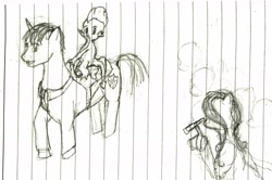 Size: 1776x1177 | Tagged: safe, artist:ponescribbles, character:shining armor, character:spike, binoculars, generic pony, group, lined paper, monochrome, riding, saddle, sketch, traditional art