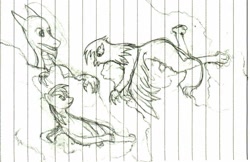 Size: 1718x1111 | Tagged: safe, artist:ponescribbles, character:gilda, character:rainbow dash, species:dragon, species:griffon, cloud, group, lined paper, lying down, monochrome, prone, resting, sketch, traditional art