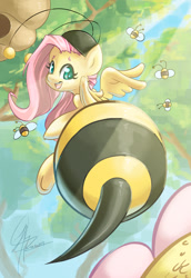 Size: 827x1200 | Tagged: safe, artist:chingilin, character:fluttershy, species:pegasus, species:pony, episode:it ain't easy being breezies, g4, my little pony: friendship is magic, animal costume, bee, bee costume, clothing, costume, female, flutterbee, flutterbutt, flying, foreshortening, insect, mare, open mouth, solo