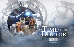 Size: 1500x955 | Tagged: safe, artist:sitrirokoia, character:doctor whooves, character:time turner, species:earth pony, species:pegasus, species:pony, bow tie, christmas, clara oswin oswald, crossover, cyberman, cyborg, dalek, doctor who, handles, hd, poster, slendermane, snow, television, wallpaper, weeping angel