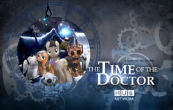 Size: 1500x955 | Tagged: safe, artist:sitrirokoia, character:doctor whooves, character:time turner, bow tie, christmas, clara oswin oswald, crossover, cyberman, cyborg, dalek, doctor who, handles, hd, poster, television, wallpaper, weeping angel