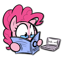 Size: 590x576 | Tagged: safe, artist:shoutingisfun, artist:venezolanbrony, edit, character:pinkie pie, species:earth pony, species:pony, book, c, color edit, colored, computer, female, glasses, hello world, hoof hold, k&r, laptop computer, mare, programming, reading, simple background, solo, transparent background