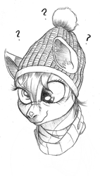 Size: 389x684 | Tagged: safe, artist:derp-my-life, character:derpy hooves, species:pegasus, species:pony, bust, clothing, cute, derp, derpabetes, ear fluff, female, hat, mare, monochrome, nose wrinkle, question mark, scarf, scrunchy face, smiling, snowflake, solo, traditional art, tuque, wavy mouth