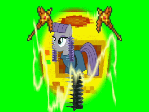 Size: 480x360 | Tagged: safe, artist:notsofrequentuser, character:maud pie, episode:maud pie, g4, my little pony: friendship is magic, animated, buildcraft, dirt, drill, drill hair, female, green screen, lightning, minecraft, mod, pickaxe, picksaw, quarry, simple background, solo, terraria