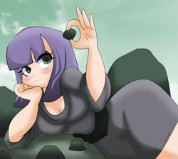 Size: 1720x1540 | Tagged: safe, artist:lucky-jj, character:maud pie, species:human, episode:maud pie, g4, my little pony: friendship is magic, blushing, colored pupils, cute, eye clipping through hair, female, humanized, looking at something, maudabetes, rock, solo