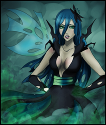 Size: 695x820 | Tagged: safe, artist:songoftheshoebox, character:queen chrysalis, species:human, absolute cleavage, breasts, busty queen chrysalis, cleavage, clothing, female, gloves, hand on hip, humanized, solo
