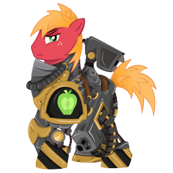 Size: 3600x3600 | Tagged: safe, artist:ahrimatt, character:big mcintosh, species:earth pony, species:pony, armor, crossover, heavy bolter, iron warriors, male, power armor, powered exoskeleton, solo, space marine, stallion, warhammer (game), warhammer 40k, weapon
