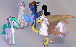 Size: 4000x2480 | Tagged: safe, artist:xonxt, oc, oc only, oc:digibrony, oc:silver quill, species:classical hippogriff, species:hippogriff, absurd resolution, analysis bronies, bronycurious, cigarette, clothing, comic book, gibbontake, group shot, hat, magic, non-pony oc, semi-realistic, smoking, telekinesis, tudor cap