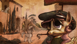 Size: 1024x588 | Tagged: safe, artist:lordgood, character:fluttershy, species:pony, beret, clothing, leonardo da vinci, mouth hold, paintbrush, painting, parody, perspective, solo focus