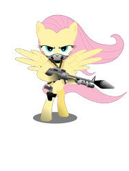 Size: 2400x3200 | Tagged: safe, artist:gonein10seconds, character:fluttershy, species:pony, bandolier, bipedal, female, gun, pistol, simple background, solo, transparent background