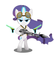 Size: 2400x3200 | Tagged: safe, artist:gonein10seconds, character:rarity, species:pony, bandolier, bipedal, dual wield, female, goggles, gun, luger, pistol, simple background, solo, telekinesis, transparent background