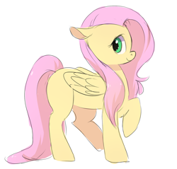 Size: 1280x1223 | Tagged: safe, artist:risu-nya, character:fluttershy, species:pegasus, species:pony, cute, female, looking back, mare, profile, raised hoof, shyabetes, simple background, smiling, solo, white background