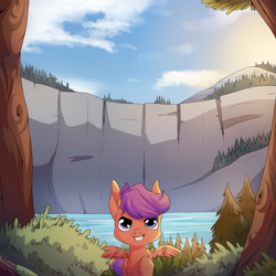 Size: 2000x2000 | Tagged: safe, artist:risu-nya, character:scootaloo, species:pegasus, species:pony, adventure, cliff, determined, eager, female, filly, forest, keen, lake, outdoors, scenery, solo