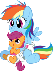 Size: 2999x4012 | Tagged: safe, artist:fallingferret, artist:fillyscoots42, character:rainbow dash, character:scootaloo, absurd resolution, baby, cute, cutealoo, dashabetes, diaper, filly, foal, poofy diaper, scootalove, younger