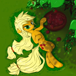 Size: 1280x1280 | Tagged: safe, artist:munkari, character:applejack, apple, female, grass, on back, solo