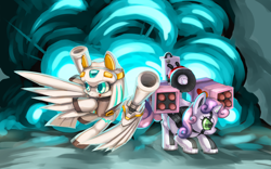 Size: 1280x801 | Tagged: safe, artist:yutoraru, character:sweetie belle, oc, oc:machina, species:pony, species:unicorn, sweetie bot, crossover, explosion, female, filly, foal, hooves, horn, robot, sorcerland