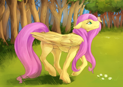 Size: 958x678 | Tagged: safe, artist:risu-nya, character:fluttershy, species:pegasus, species:pony, big wings, bush, butterfly, female, floppy ears, grass, hoof fluff, insect on nose, leg fluff, mare, raised hoof, raised leg, realistic horse legs, solo, tree, wings