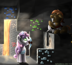 Size: 1600x1450 | Tagged: safe, artist:baitoubaozou, character:button mash, character:sweetie belle, arrow, diamond, don't mine at night, female, gold, iron ore, jewelry, male, minecraft, peytral, pickaxe, shipping, straight, sweetiemash, tiara