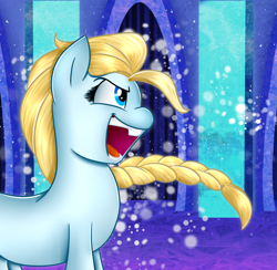 Size: 3000x2931 | Tagged: safe, artist:mickeymonster, artist:vocalmaker, species:earth pony, species:pony, braid, crossover, disney, elsa, frozen (movie), glare, let it go, open mouth, ponified, smiling, snow, snowfall, solo