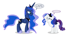 Size: 2000x1000 | Tagged: safe, artist:ohitison, character:princess luna, character:rarity, episode:testing testing 1-2-3, g4, my little pony: friendship is magic, big no, clothing, dialogue, fake wings, lunarity, no, speech bubble, tabitha st. germain, voice actor joke