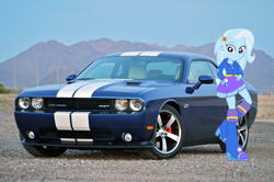 Size: 1280x850 | Tagged: safe, artist:bronynel, edit, character:trixie, my little pony:equestria girls, car, dodge (car), dodge challenger, dodge challenger srt8 392, irl, looking at you, photo, solo