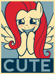 Size: 776x1030 | Tagged: safe, artist:juniberries, character:fluttershy, species:pegasus, species:pony, blushing, cute, female, hope poster, looking at you, shyabetes, smiling, solo, spread wings, teeth, wings