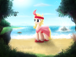Size: 1600x1200 | Tagged: safe, artist:firgof, species:earth pony, species:pony, beach, charlotte, clothing, cute, dress, feather, outdoors, ponified, shoes, smiling, solo
