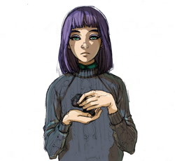 Size: 760x700 | Tagged: safe, artist:yanabau, character:maud pie, species:human, clothing, female, humanized, looking at you, rock, solo, sweater
