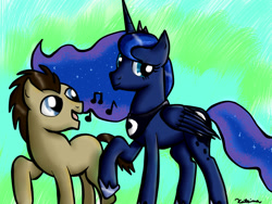 Size: 921x691 | Tagged: safe, artist:katrina-mae, character:doctor whooves, character:princess luna, character:time turner, female, male, missing cutie mark, music notes, shipping, straight