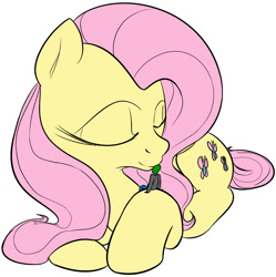 Size: 1047x1051 | Tagged: safe, artist:dotkwa, artist:venezolanbrony, edit, character:fluttershy, oc, oc:anon, species:pony, eyes closed, giant pony, kissing, macro, prone, size difference, smiling