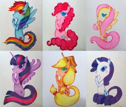 Size: 1024x869 | Tagged: safe, artist:airyu, character:applejack, character:fluttershy, character:pinkie pie, character:rainbow dash, character:rarity, character:twilight sparkle, character:twilight sparkle (alicorn), species:alicorn, species:pony, g4, blushing, female, mane six, mare, traditional art