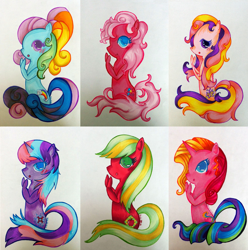 Size: 1985x2000 | Tagged: safe, artist:airyu, character:fluttershy (g3), character:pinkie pie (g3), character:rainbow dash (g3), character:rarity (g3), g3, applejack (g3), blushing, fluttershy (g3), traditional art, twilight twinkle