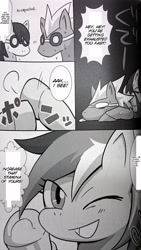 Size: 2160x3840 | Tagged: safe, artist:kyouunrrr, character:rainbow dash, character:soarin', character:wave chill, comic, doujin, goggles, japanese, monochrome, pony pe ni banbon, translation, wonderbolts