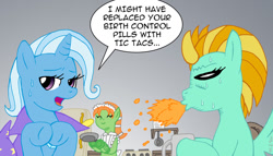 Size: 933x532 | Tagged: safe, artist:adenyne, character:lightning dust, character:trixie, oc, oc:mary annette, clothing, maid, simpsons did it, spit take, the simpsons