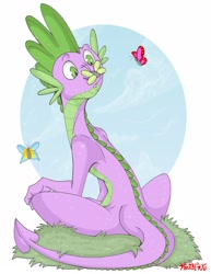 Size: 2549x3299 | Tagged: safe, artist:artistdragon, character:spike, species:dragon, butterfly, grass, high res, male, older, older spike, solo