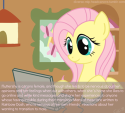 Size: 1280x1159 | Tagged: safe, artist:oemilythepenguino, character:fluttershy, diverse-mlp-headcanons, computer, computer mouse, female to male, headcanon, laptop computer, male to female, social justice warrior, solo, text, transgender
