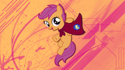 Size: 2560x1440 | Tagged: safe, artist:ahumeniy, artist:huskyfan, character:scootaloo, cape, clothing, cmc cape, emblem, female, solo, vector, wallpaper
