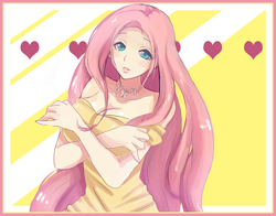 Size: 700x548 | Tagged: safe, artist:songoftheshoebox, character:fluttershy, species:human, g4, abstract background, adorasexy, blushing, breasts, busty fluttershy, cute, female, humanized, sexy, shyabetes, solo, stupid sexy fluttershy