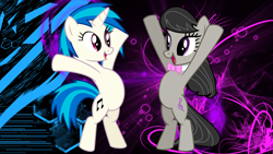 Size: 2560x1440 | Tagged: safe, artist:huskyfan, artist:namelesshero2222, character:dj pon-3, character:octavia melody, character:vinyl scratch, species:earth pony, species:pony, species:unicorn, ship:scratchtavia, arms in the air, bipedal, bow tie, cute, cutie mark, dawwww, female, hnnng, hooves, horn, lesbian, mare, namelesshero2222 is trying to murder us, open mouth, shipping, sweet dreams fuel, tavibetes, upright, vector, vinylbetes, wallpaper, weapons-grade cute