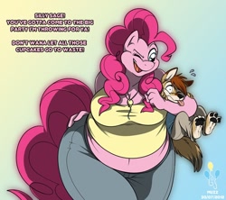 Size: 750x666 | Tagged: safe, artist:muzz, character:pinkie pie, oc, species:anthro, bbw, belly button, breasts, cleavage, clothing, fat, female, furry, fursona, hug, midriff, muffin top, size difference