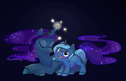 Size: 1867x1200 | Tagged: safe, artist:foxda, character:princess luna, species:alicorn, species:pony, species:unicorn, g4, dark background, eyes closed, female, filly, freckles, galaxy mane, glowing horn, magic, mare, ponidox, prone, self ponidox, smiling, solo, stars, tangible heavenly object, unshorn fetlocks, woona, younger